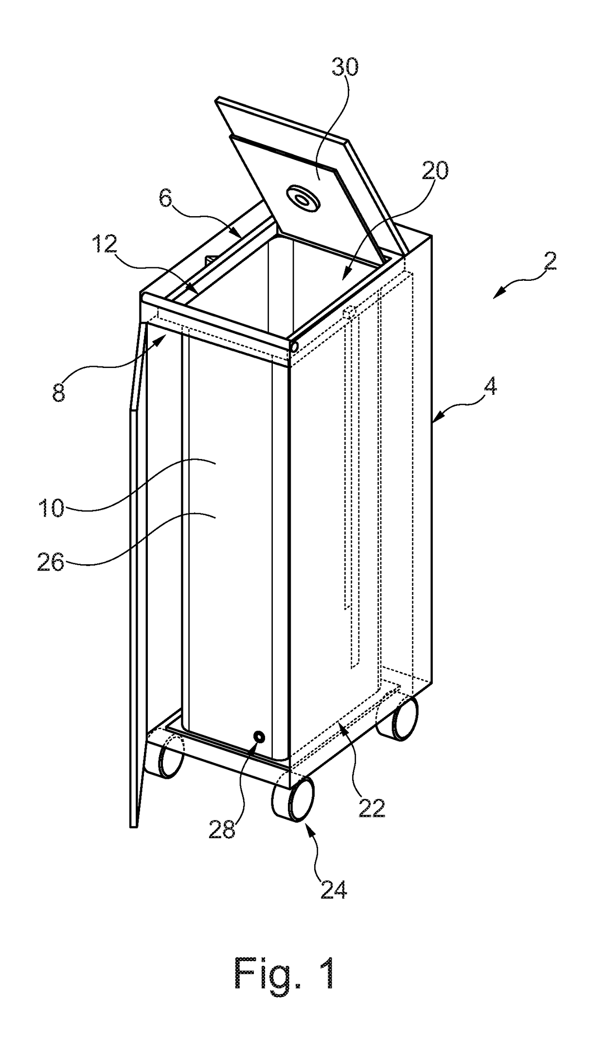 Trolley for Collecting Waste Products in a Vehicle, Cabin Monument for a Vehicle, Fluid Receiving Container and Vehicle