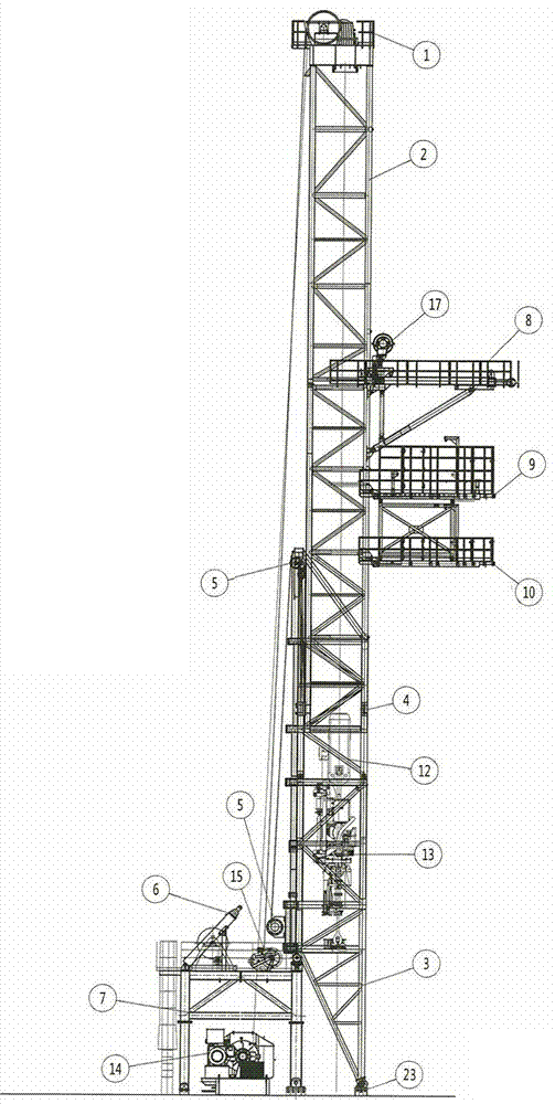 Telescopic overall hoisting derrick device and hoisting method thereof