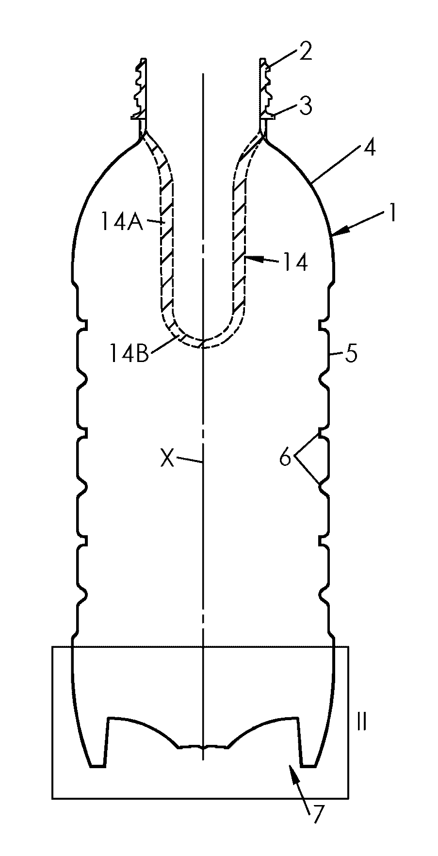 Container provided with a curved invertible diaphragm