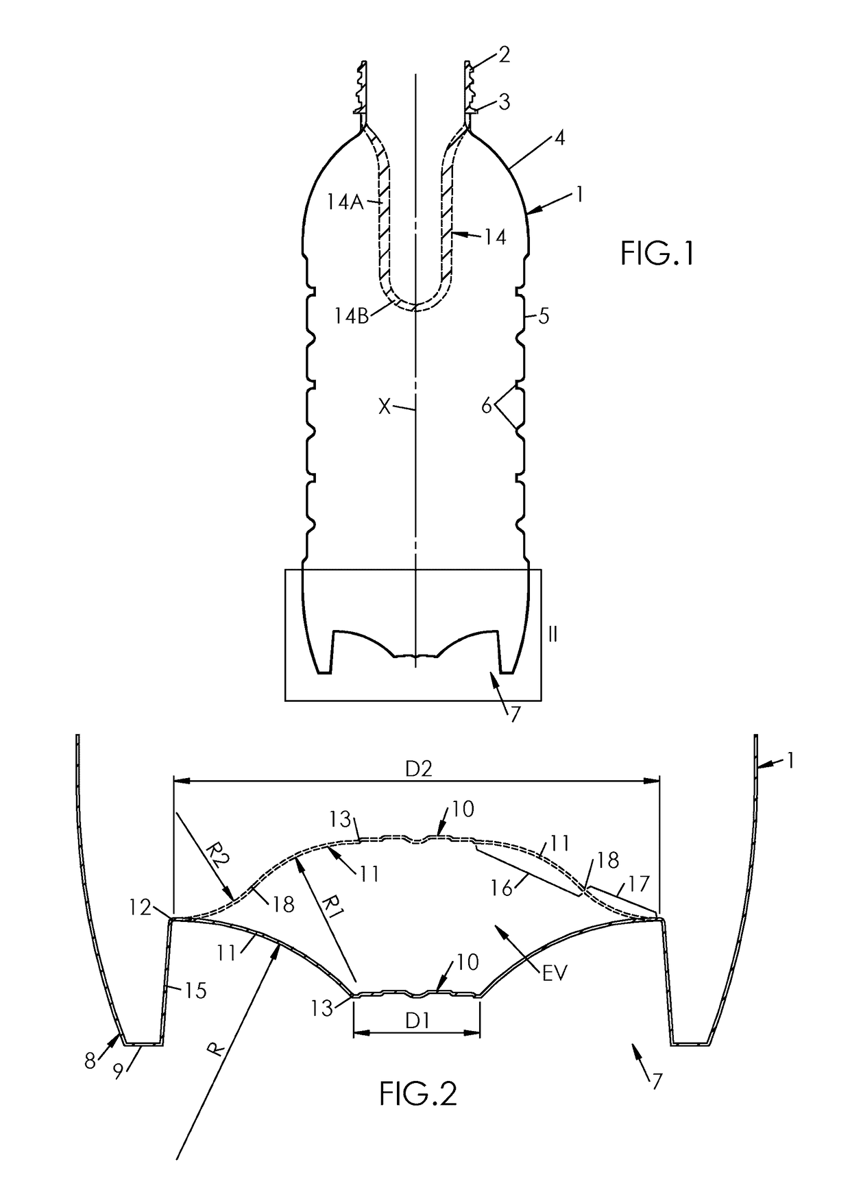 Container provided with a curved invertible diaphragm