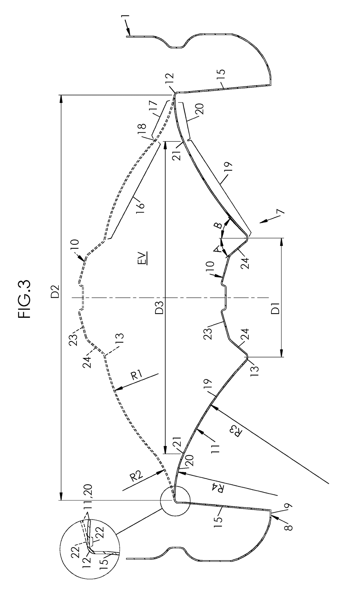 Container provided with a curved invertible diaphragm