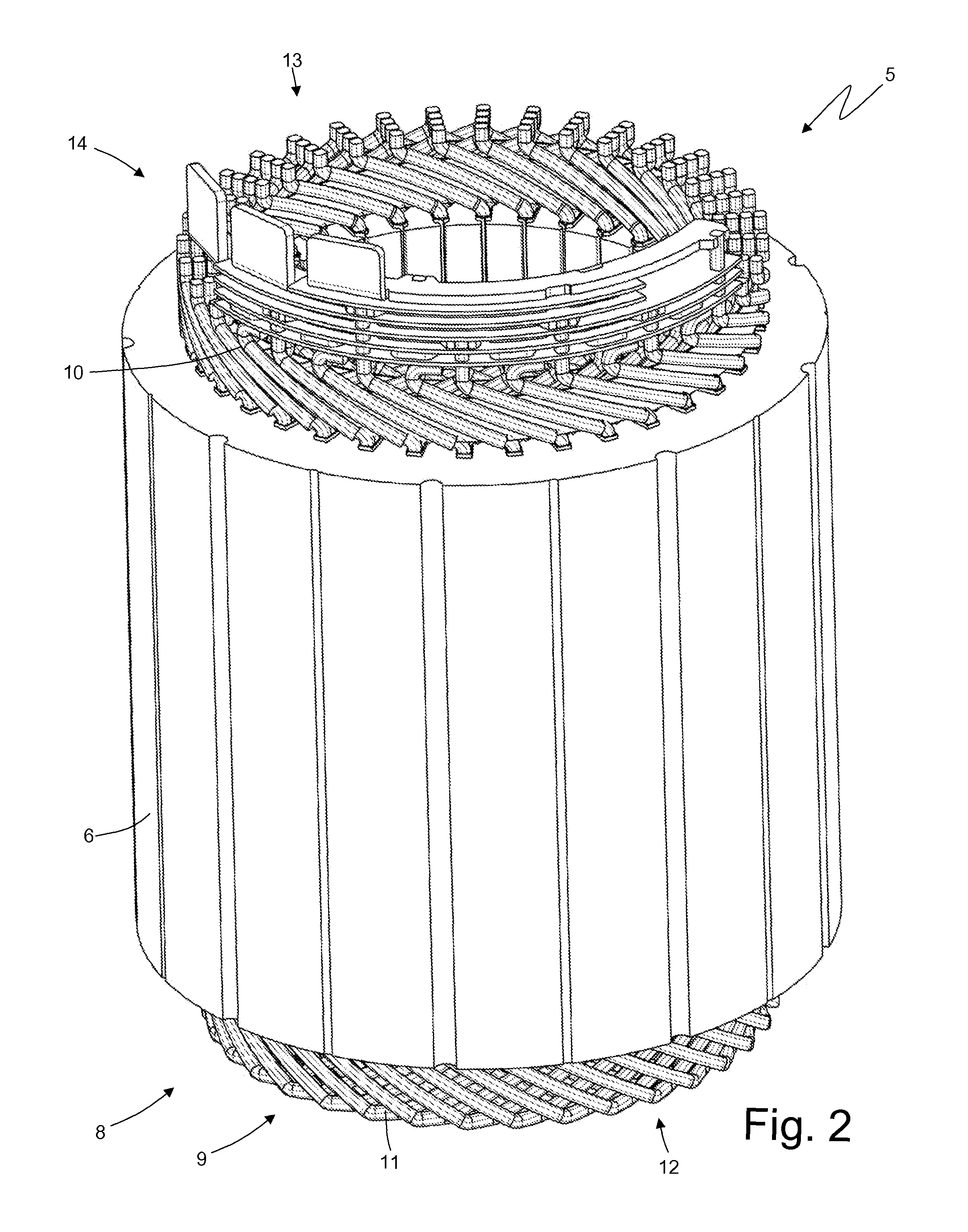 Electric machine having a stator winding with rigid bars, and related method of construction