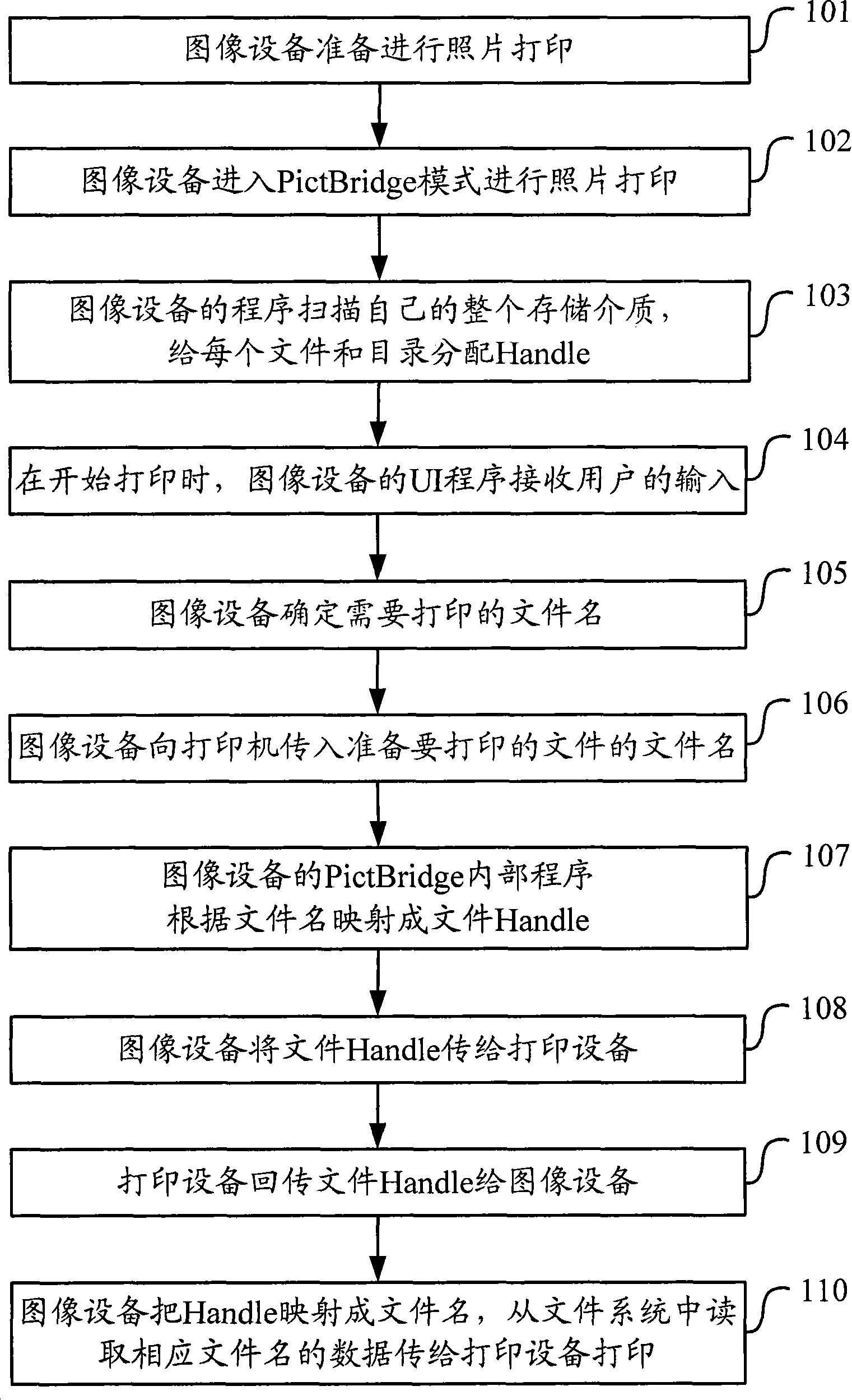 Handle processing method and device under PictBridge standard