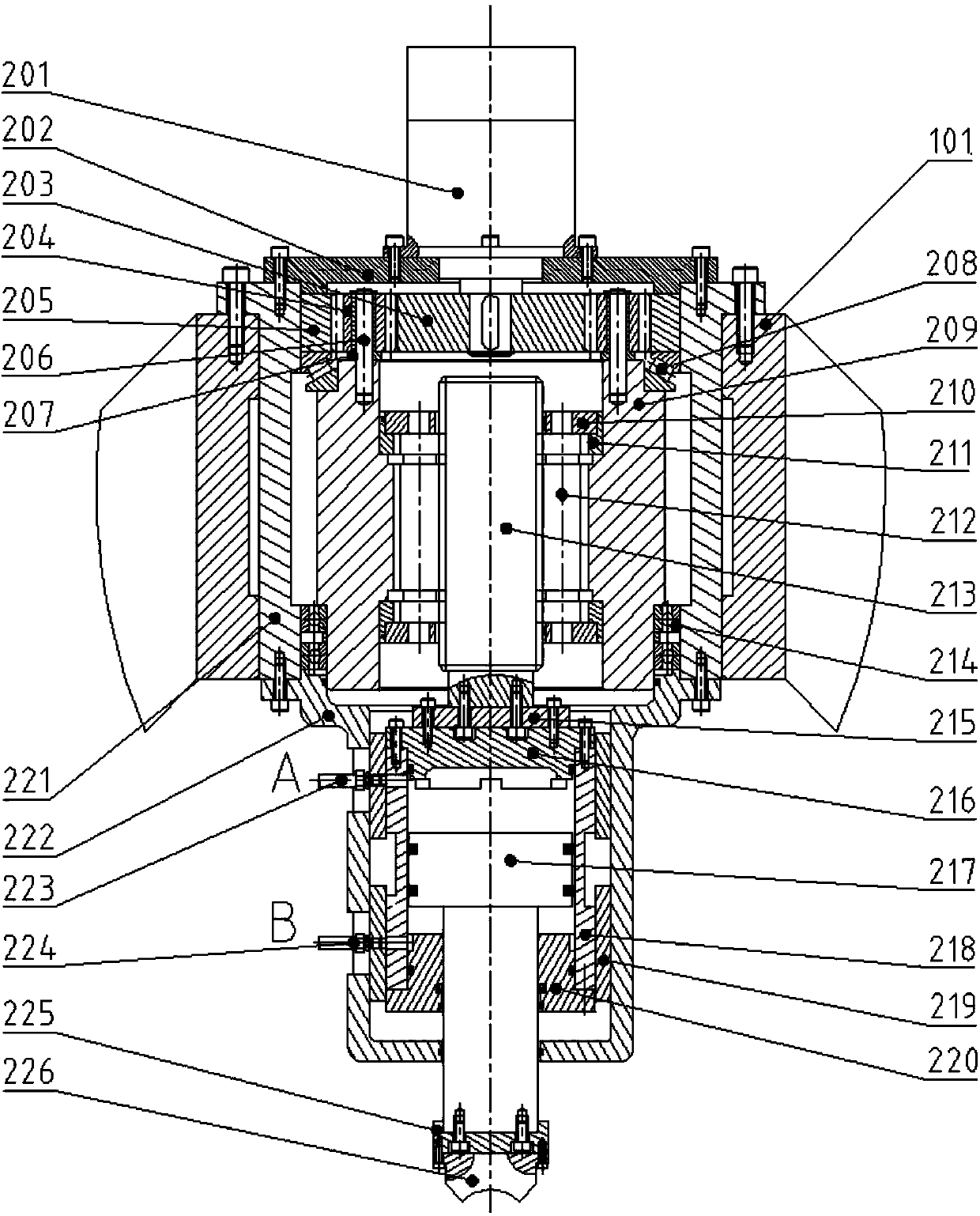 Alternating current servo motor-driven type hydraulic radial forging machine with mechanical travel adjusting function