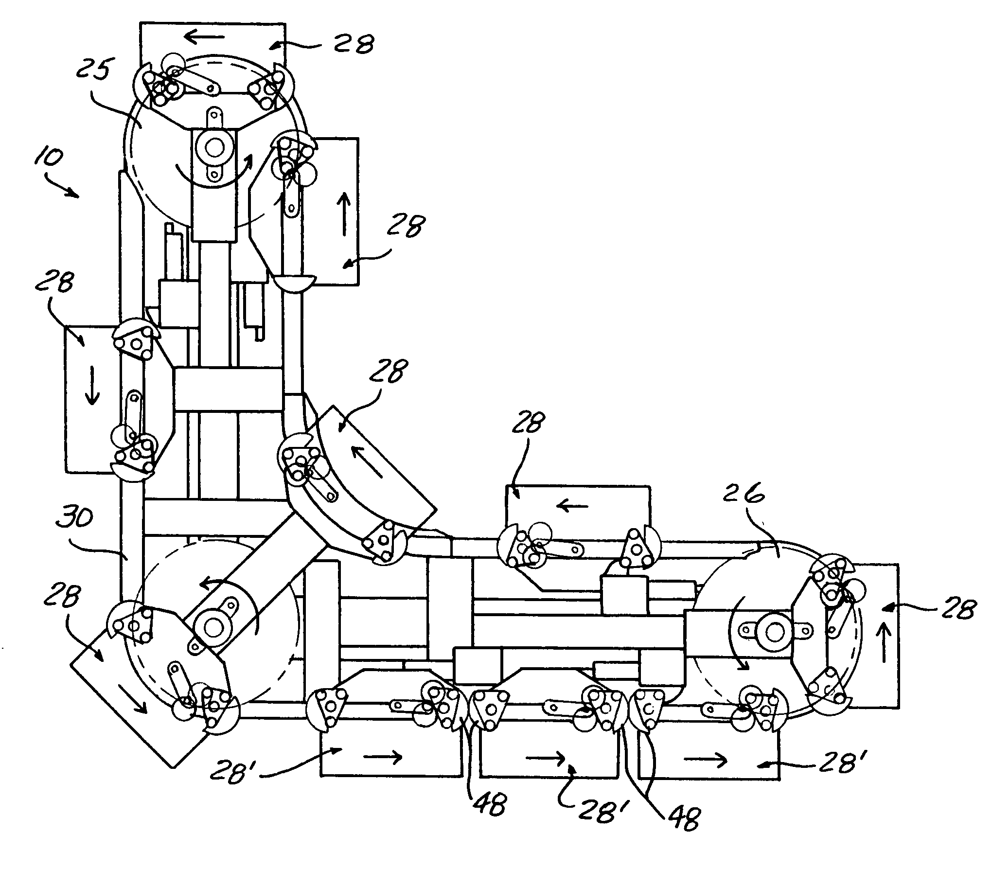 Pallet conveyor with chain drive recirculating in a horizontal plane