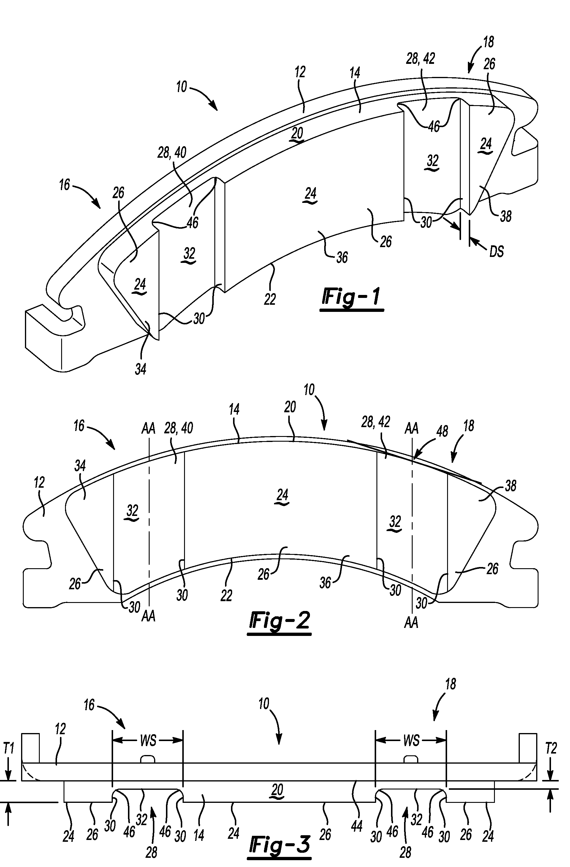 Brake pad assembly with wide slots for the reduction of noise