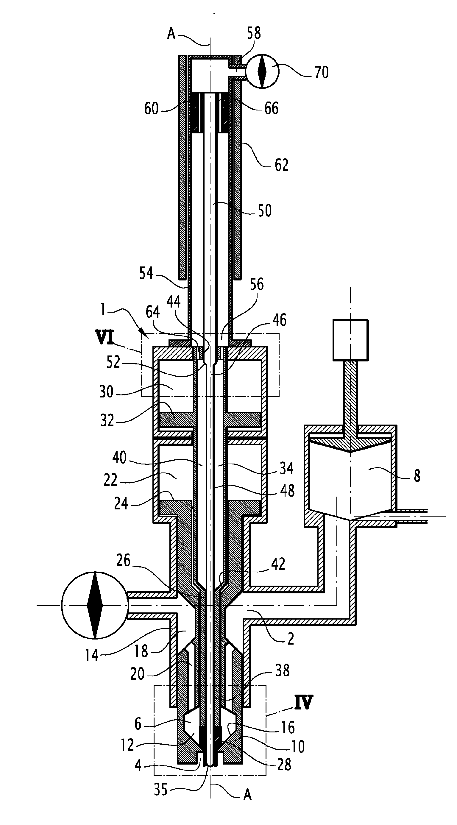 Injection device comprising a central rod movable in a cleaning position