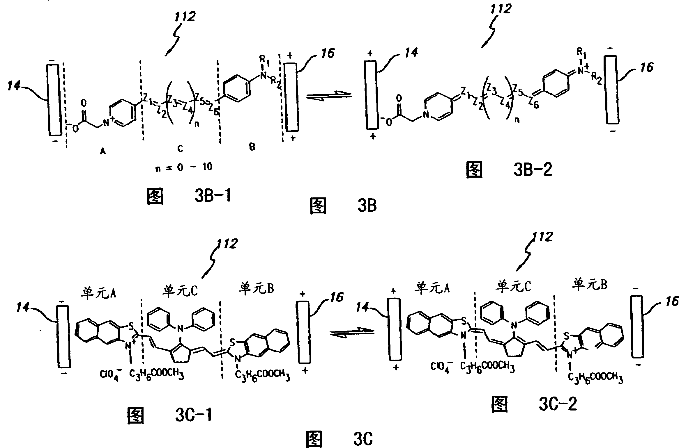 A composition of matter which results in electronic switching through intra- or inter- molecular charge transfer between molecules and electrodes induced by electricity