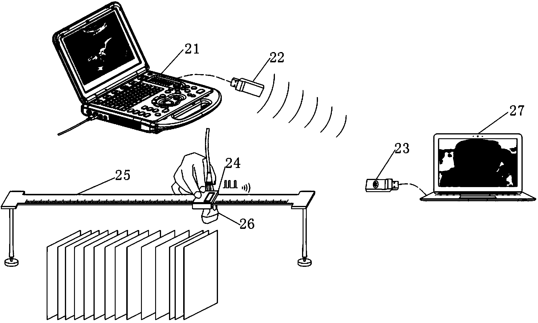 Wireless three-dimensional ultrasound imaging method and device