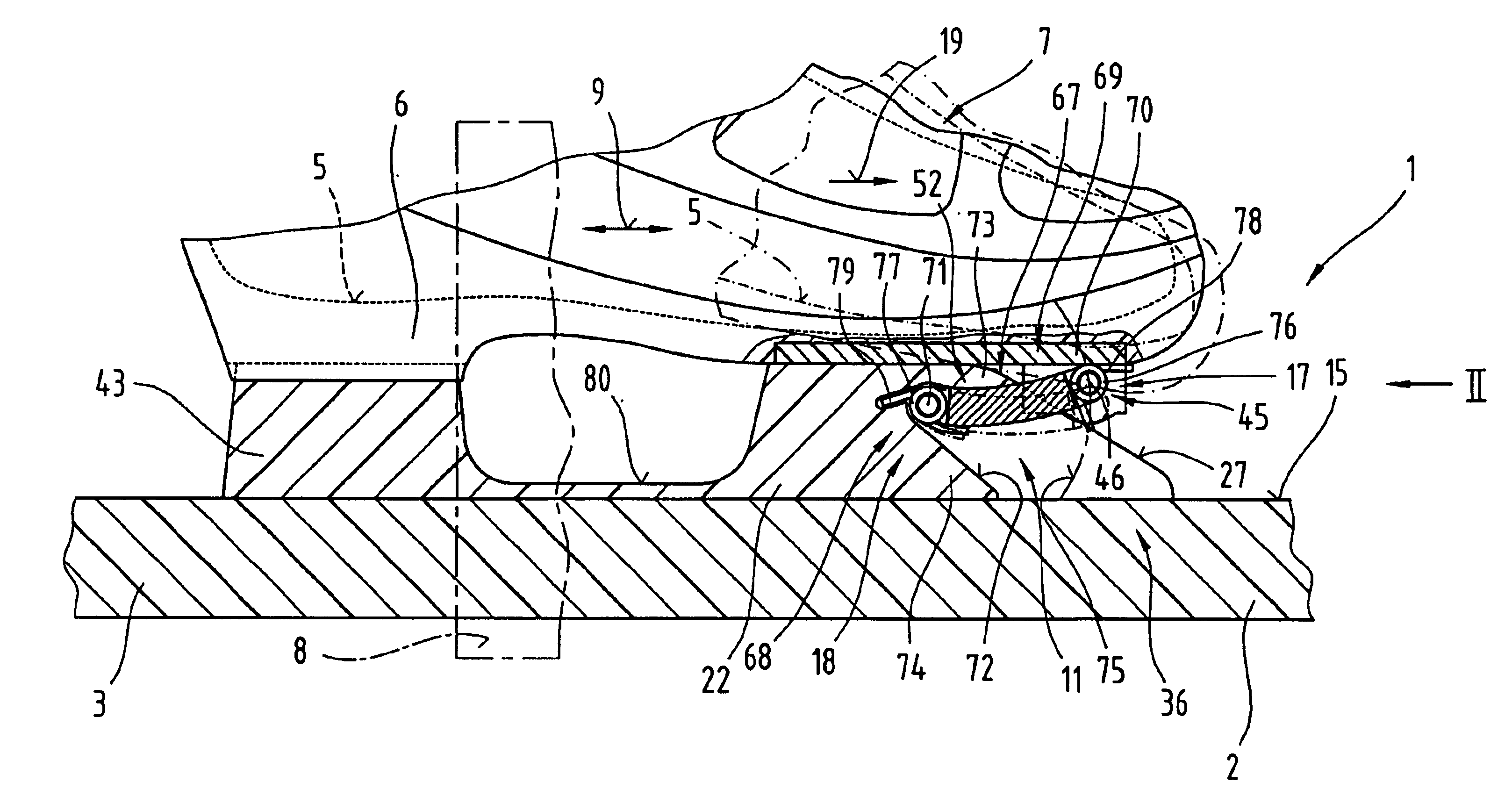 Flexible connection between sports device and shoe