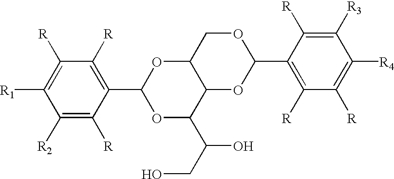 Novel asymmetric substituted benzaldehyde alditol derivatives and compositions and articles containing same