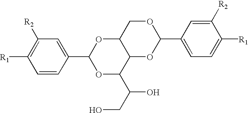 Novel asymmetric substituted benzaldehyde alditol derivatives and compositions and articles containing same