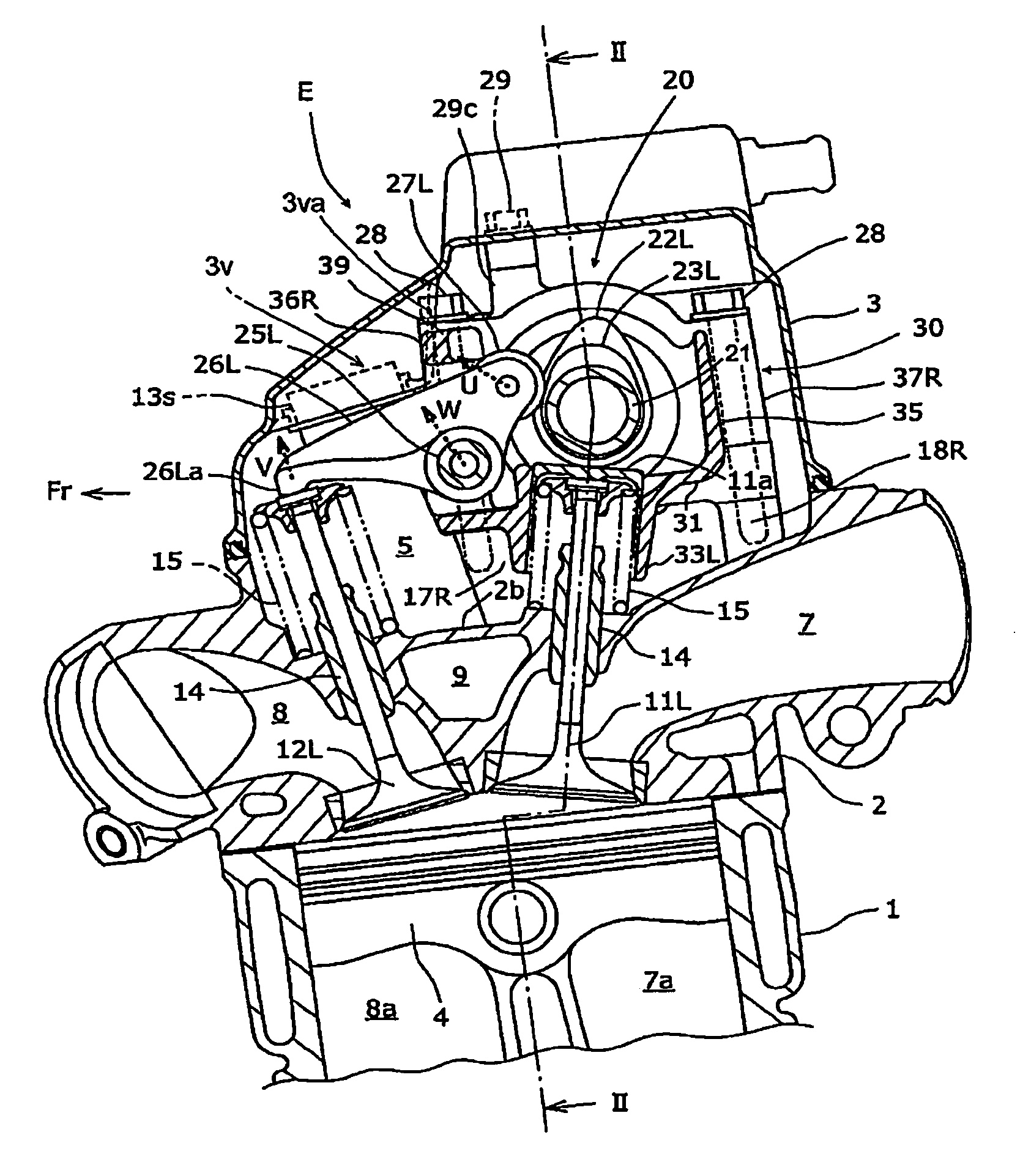 Valve system for overhead-camshaft-type internal combustion engine, and engine incorporating same