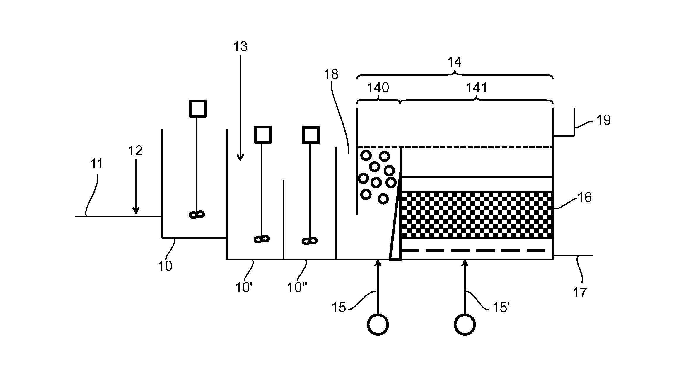 Water treatment process comprising floatation combined with gravity filtration, and corresponding equipment