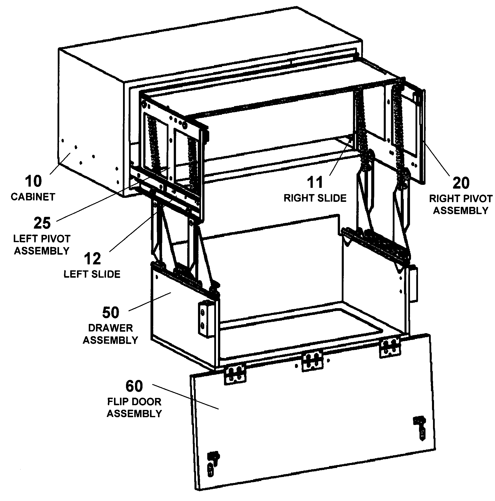 Overhead pull-out swing-down drawer