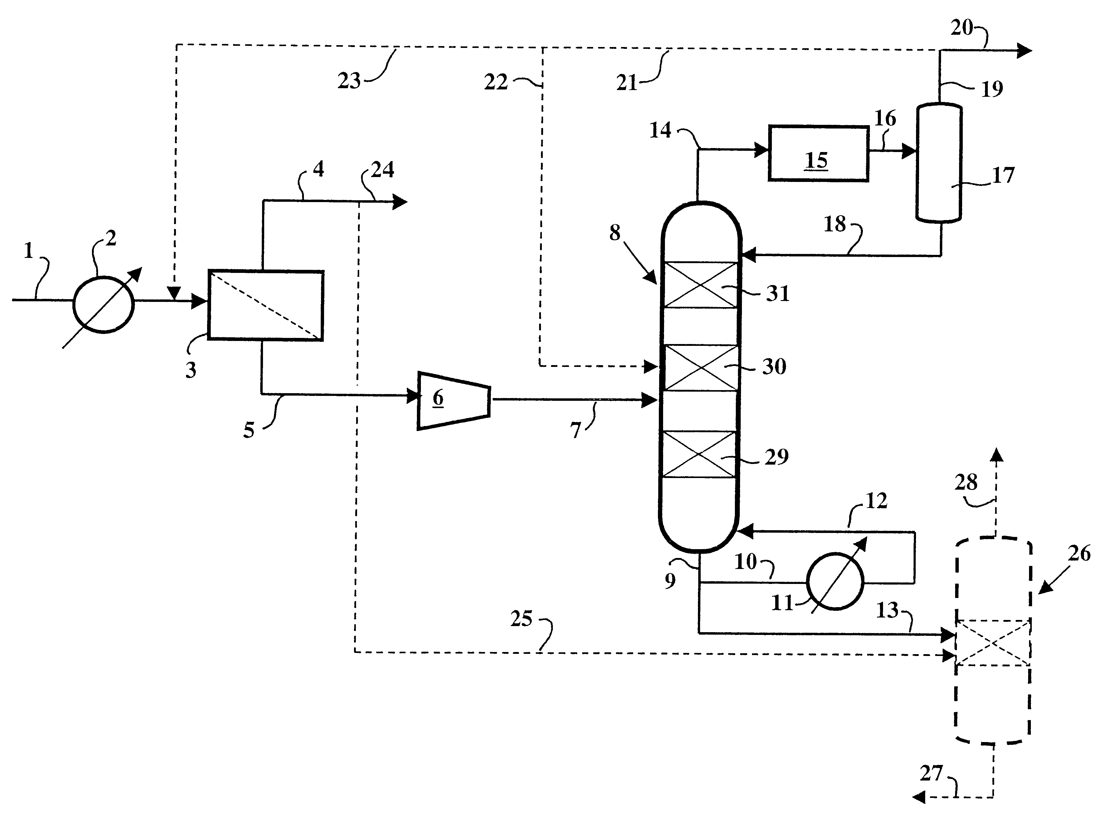 Selective hydrogenation process comprising partial separation of hydrogen by a membrane upstream of a reactive column