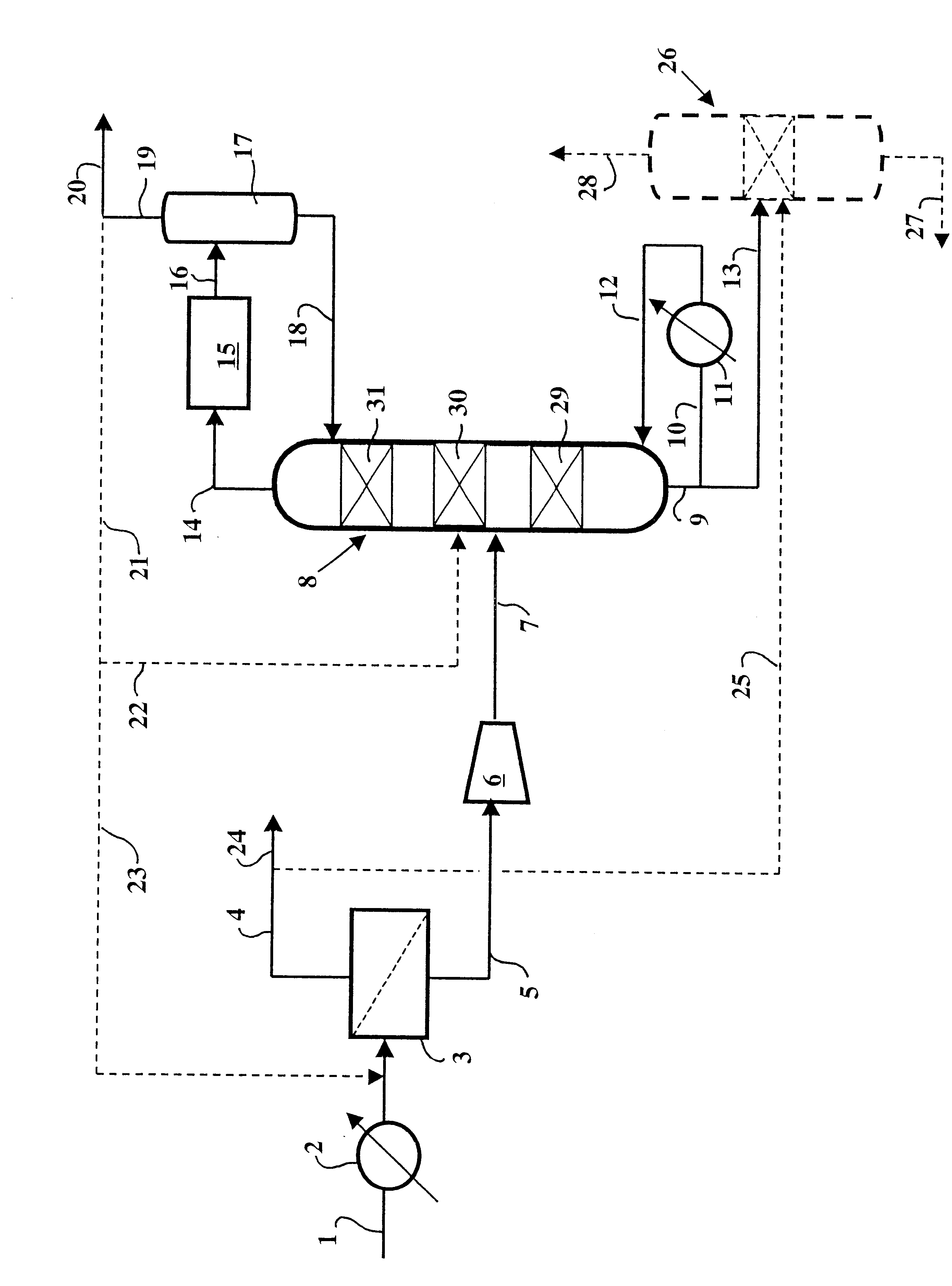 Selective hydrogenation process comprising partial separation of hydrogen by a membrane upstream of a reactive column