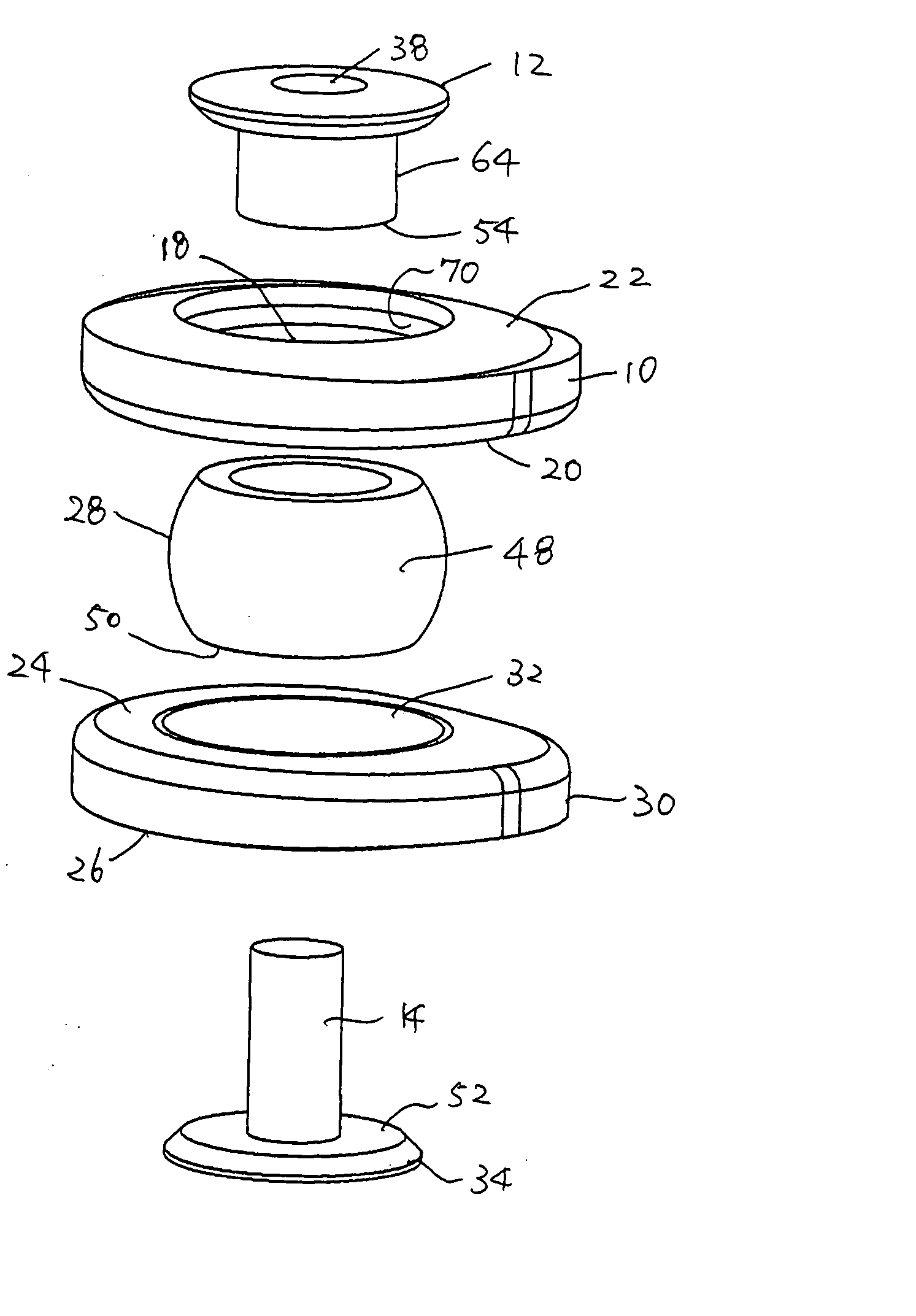 Artificial intervertebral disc having a bored semispherical bearing with a compression locking post and retaining caps