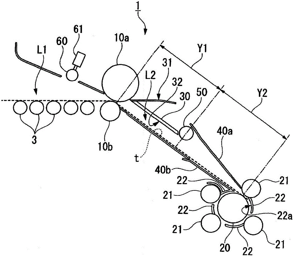 Coiler device provided with chute roller