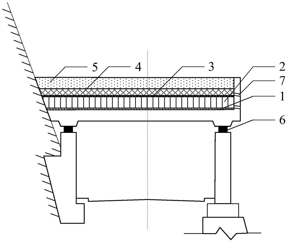 A construction method of an energy-dissipating and shock-absorbing composite shed-cave structure that resists the impact of landslides and collapses