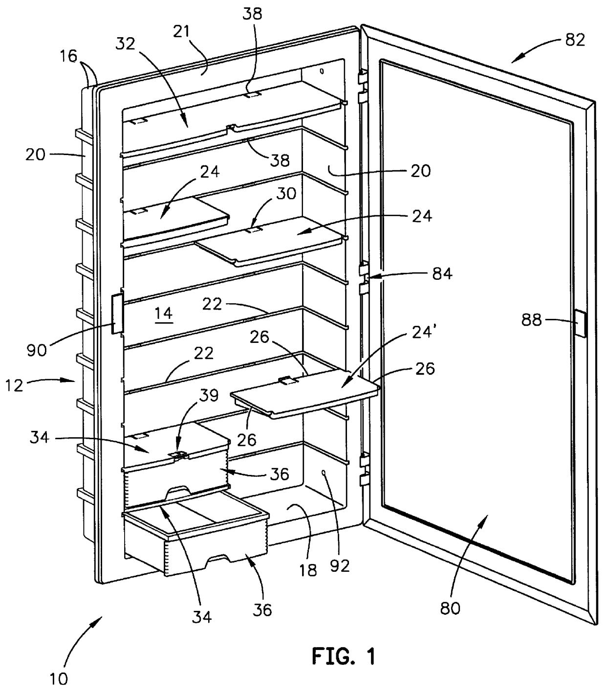 Storage cabinet with selectively mounted independently supported shelves