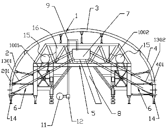 Tunnel lining trolley with material distribution device