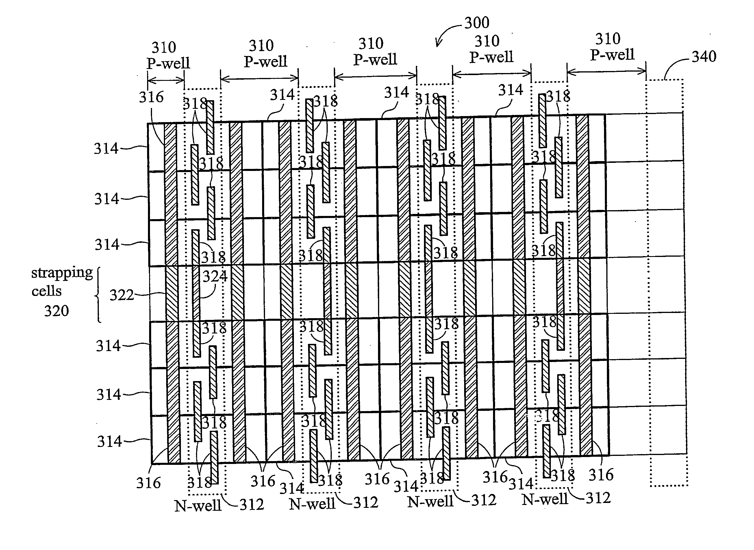 Memory array structure with strapping cells