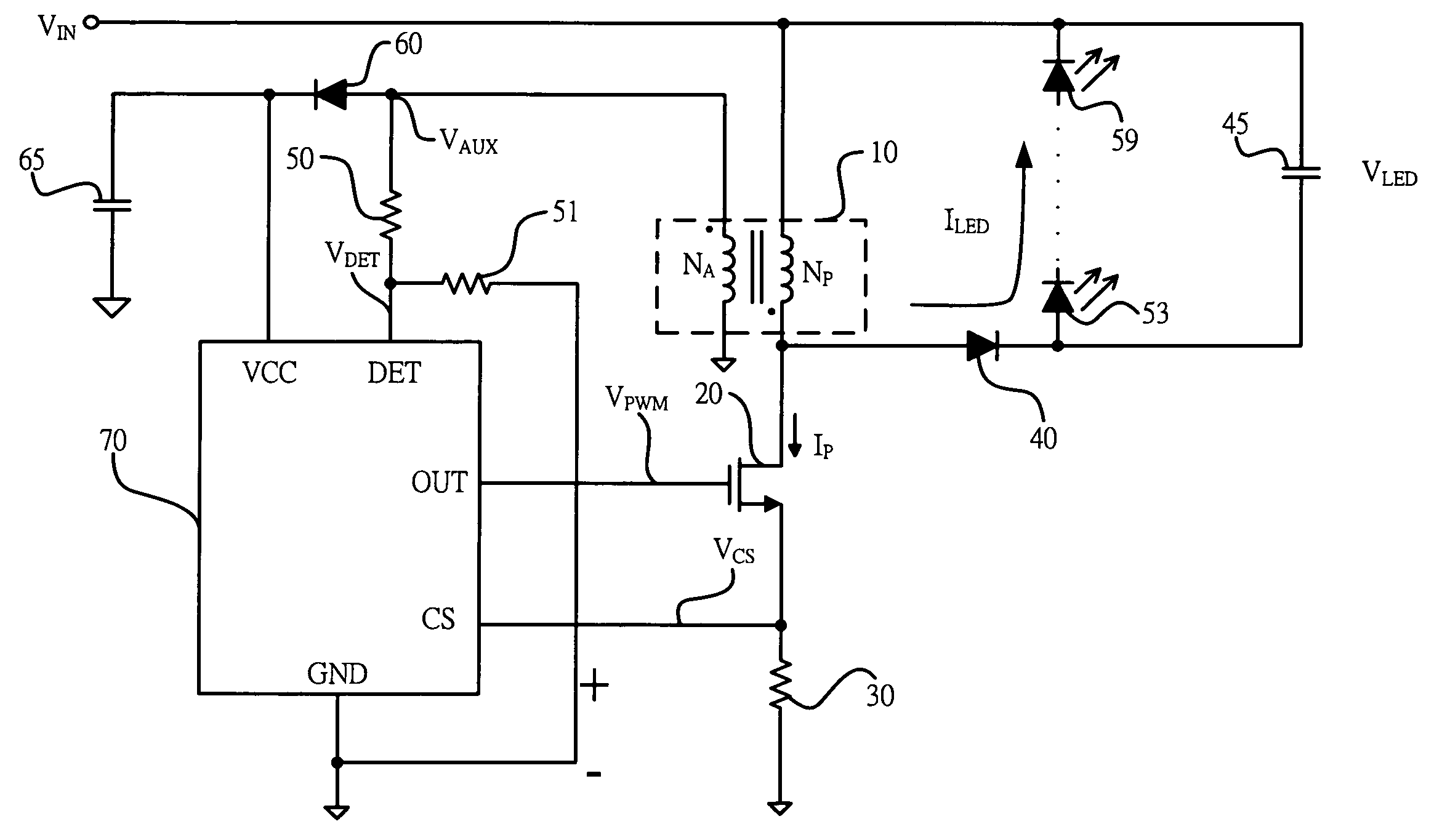 Flyback LED drive circuit with constant current regulation