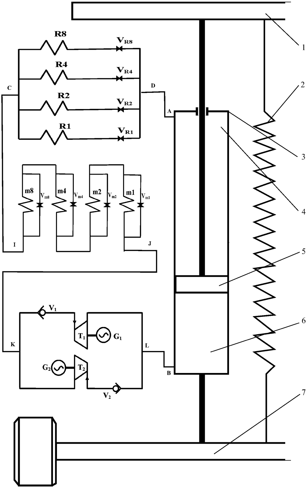 Turbine energy recovery parallel connection and series connection R type automobile shock absorber and method