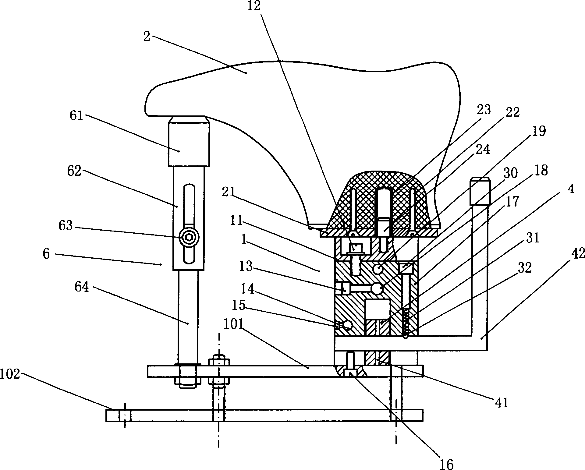 Shoe tree positioning and fastening device and its dedicated shoe tree