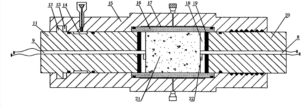 Acoustic and electric parameter measuring device used for loading procedure of gas-containing coal bodies