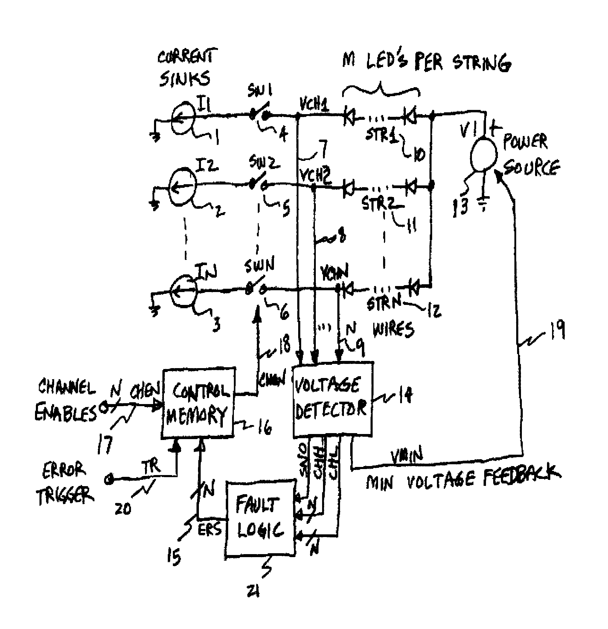 Circuit for detection and control of LED string operation