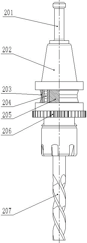 Manipulator-free device for automatically changing tools under condition of continuous rotation of spindle for machining center