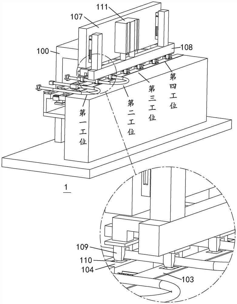 An automatic integration device for power cords before injection molding that combines correction and shaping