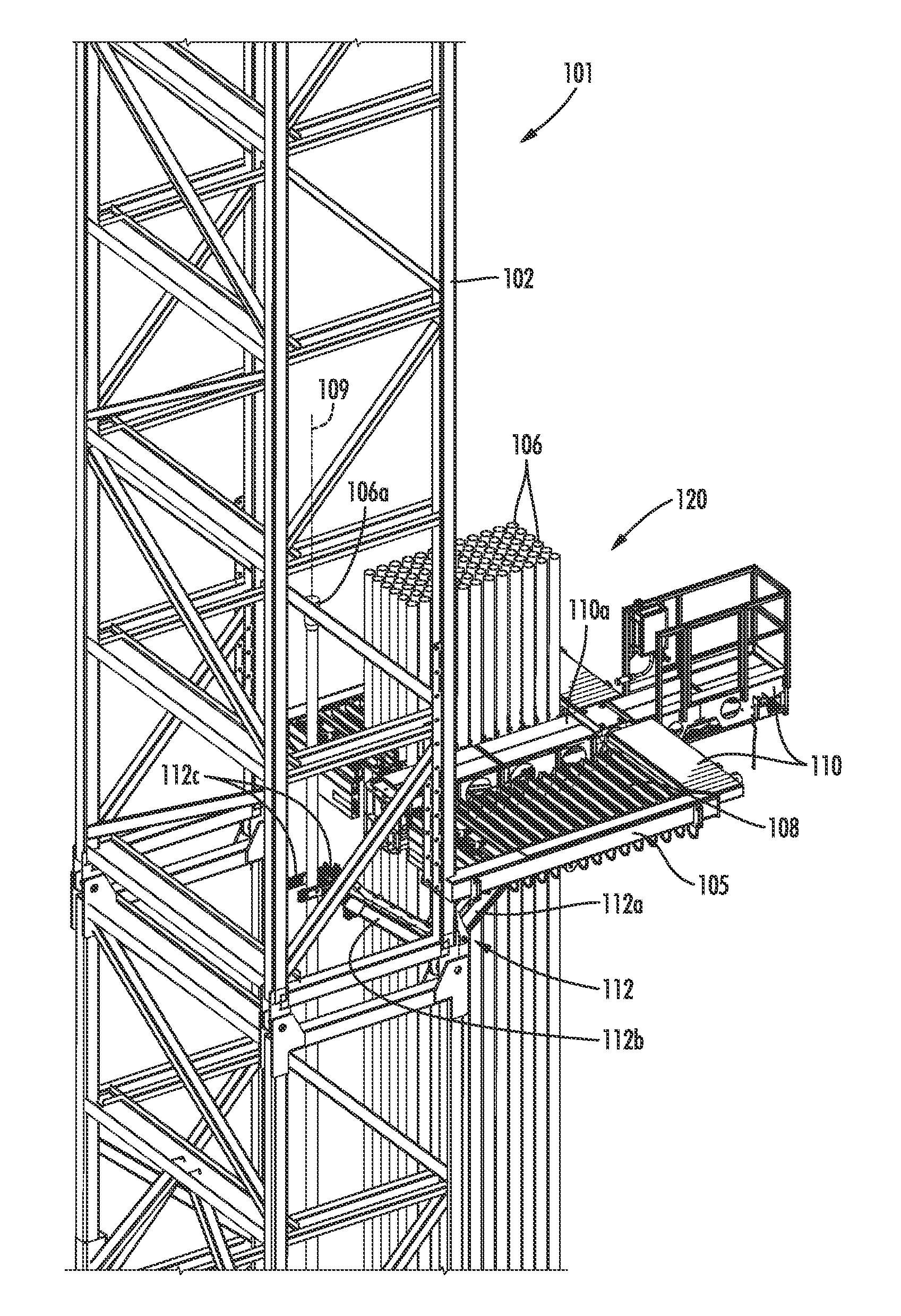 Floor mounted racking arm for handling drill pipe