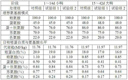 Ideal amino acid mode of south peking duck and application thereof in low-protein daily ration