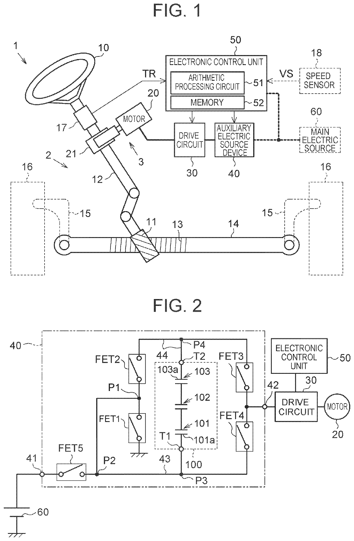 Auxiliary electric source device and steering device