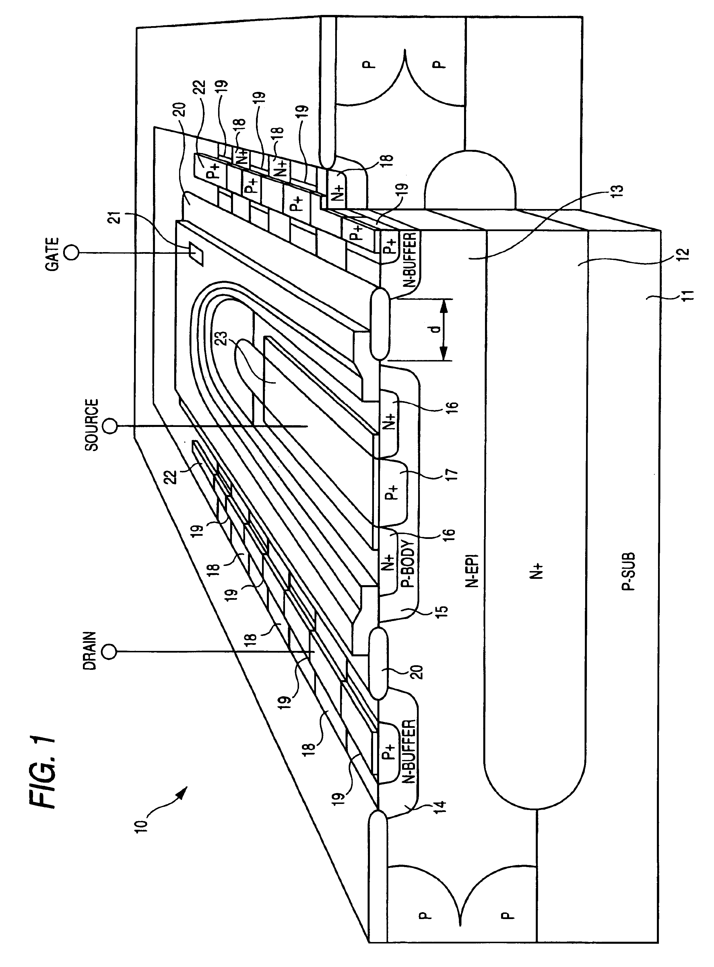 Double diffusion MOSFET with N+ and P+ type regions at an equal potential
