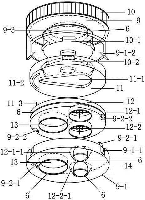 Liquid outflow end opening switch device with one-way circulation mixer