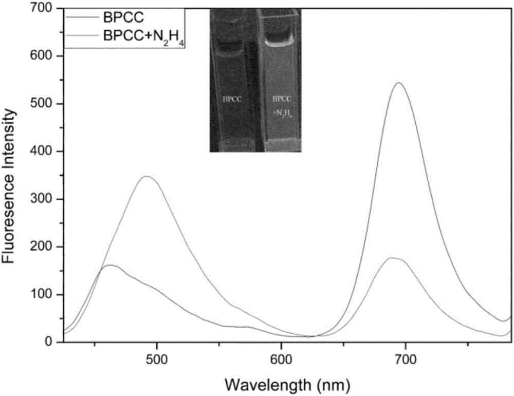 Hydrazine near infrared ratio detecting fluorescent probe and application