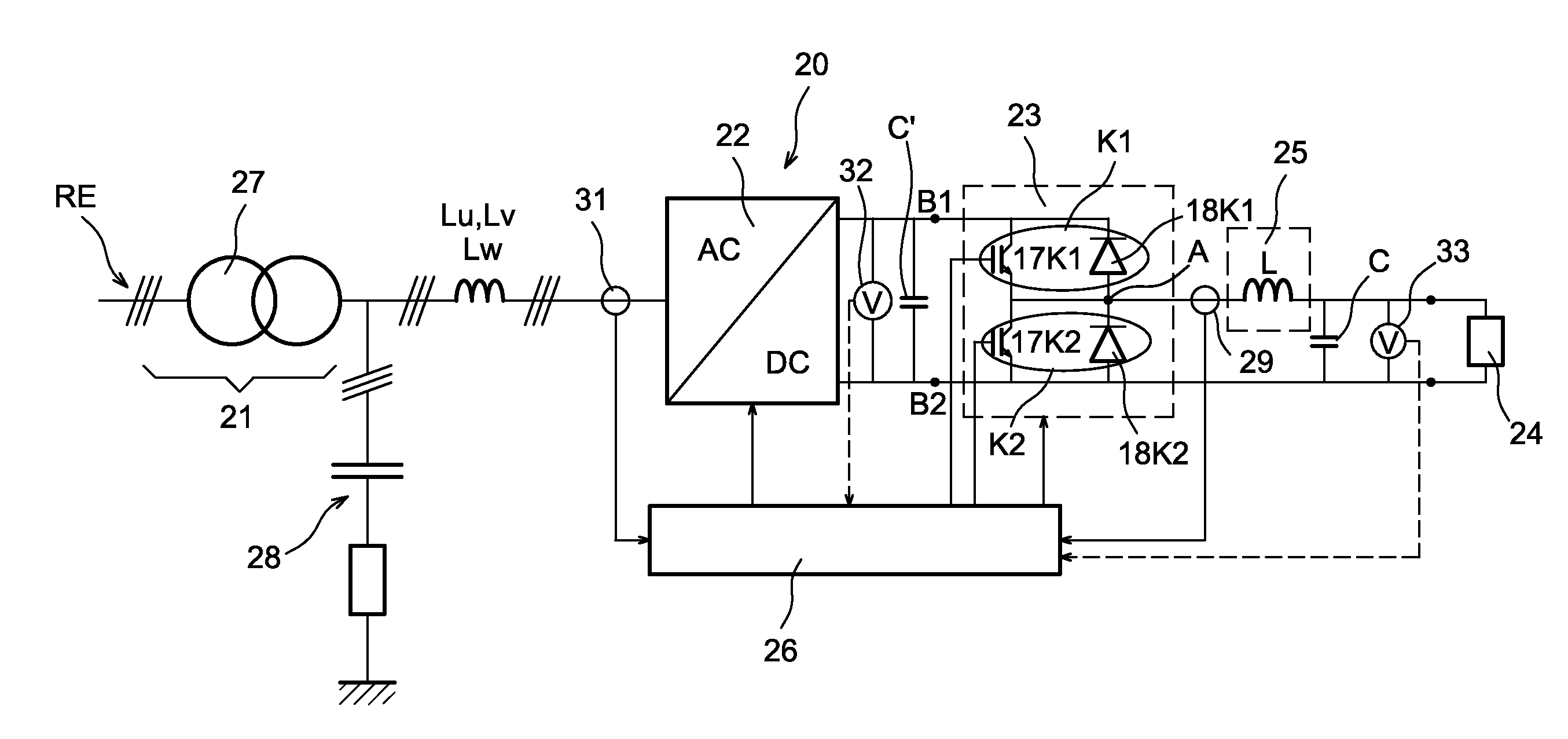 Ac/dc electrical conversion device permitting energy recovery and management of dc-side short-circuits