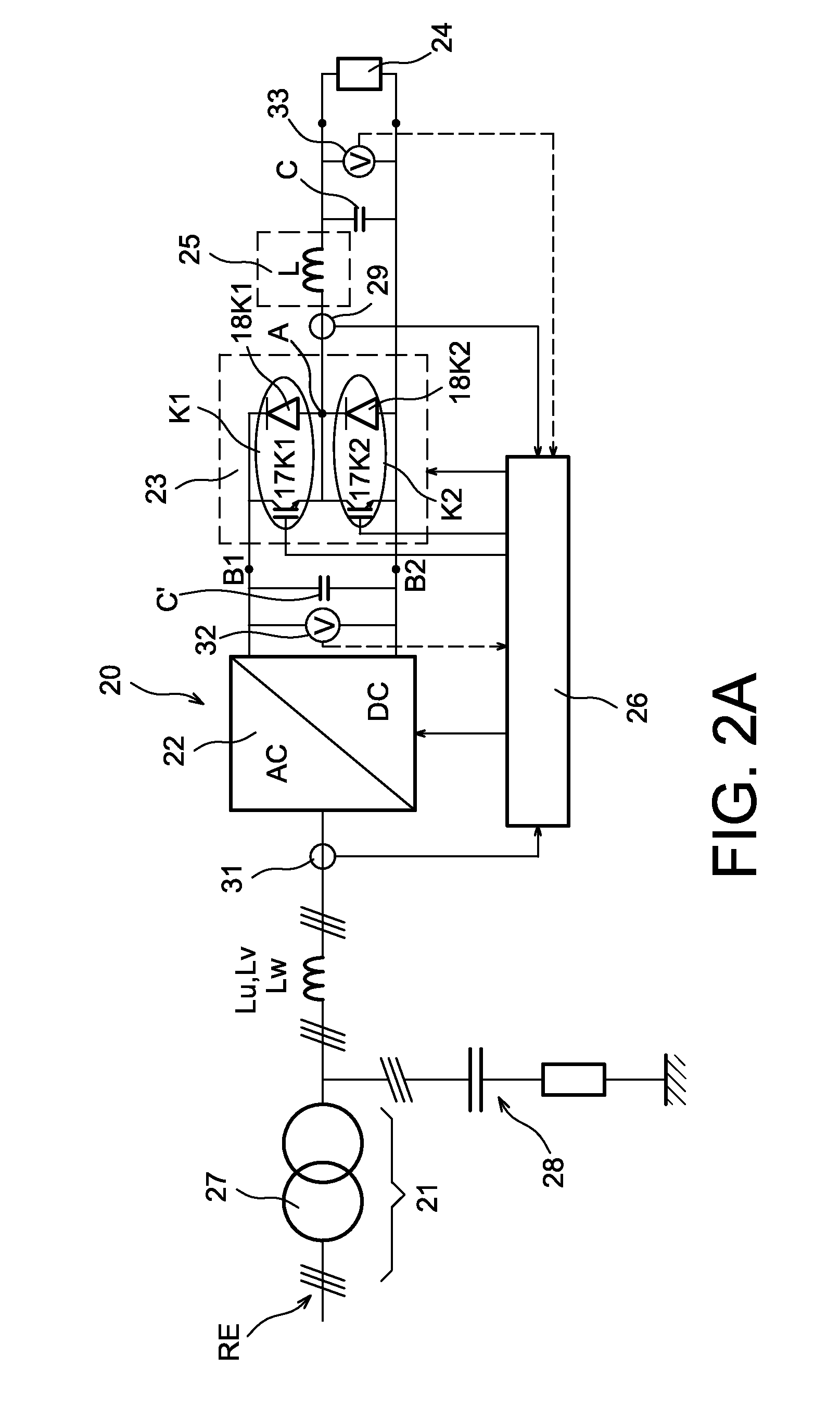 Ac/dc electrical conversion device permitting energy recovery and management of dc-side short-circuits