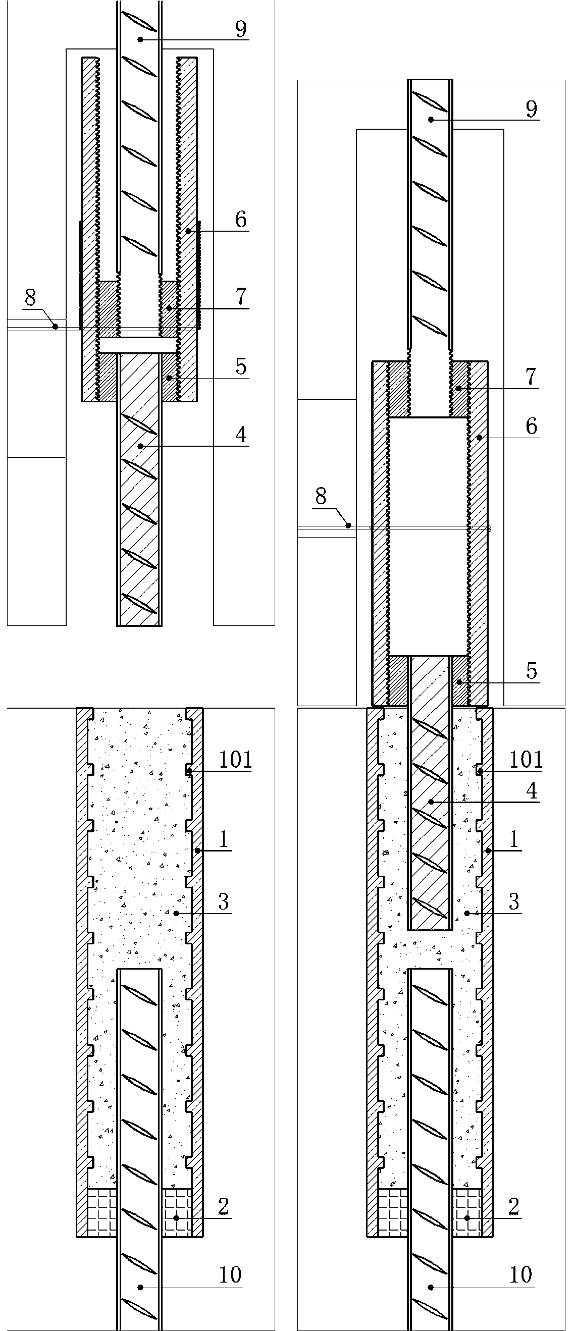 Reinforcing steel bar connector of moving casing pipe and full-grouting sleeve