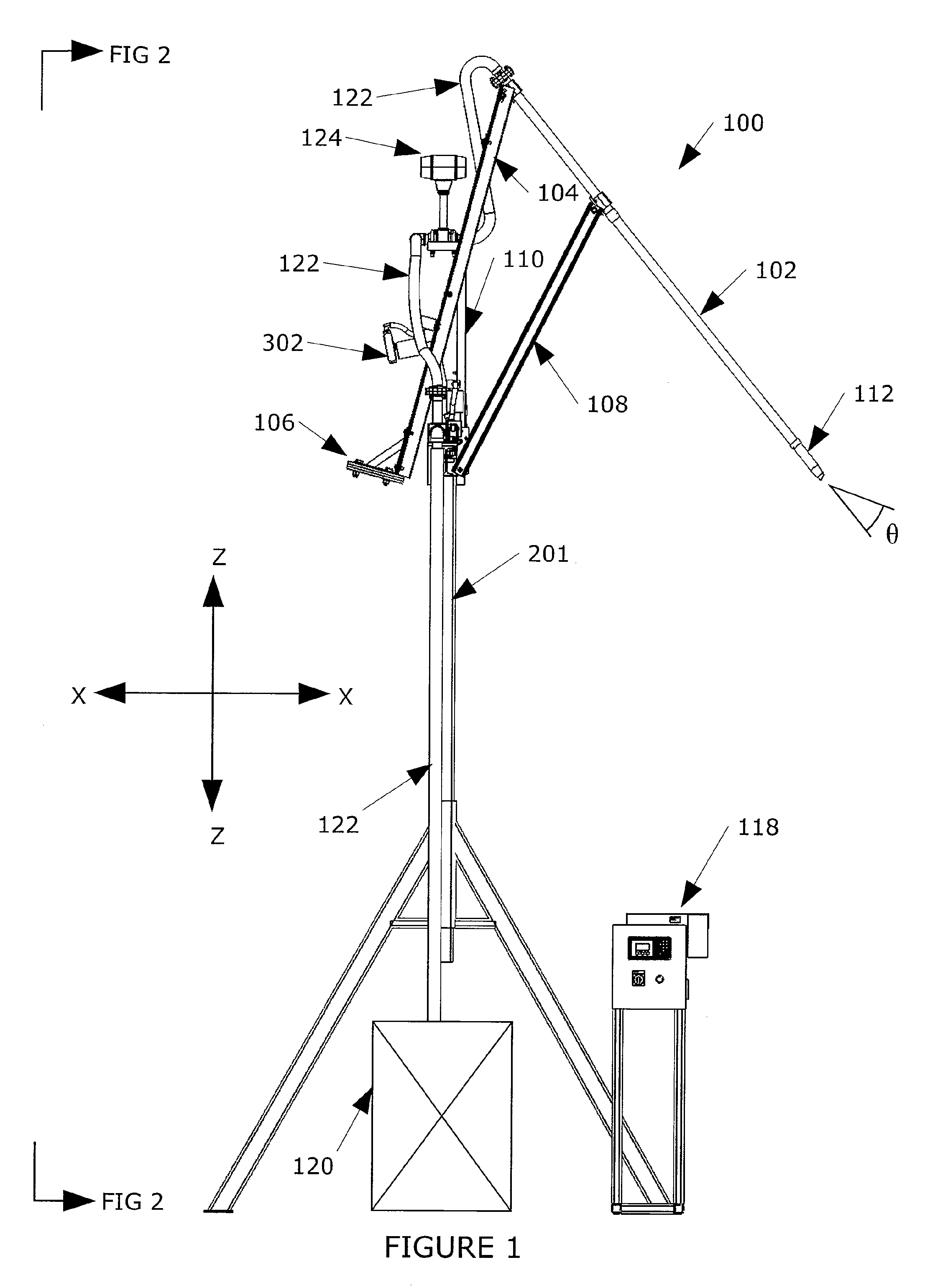 System and process for introducing a rigid lance into a concrete mixing truck using an articulated arm