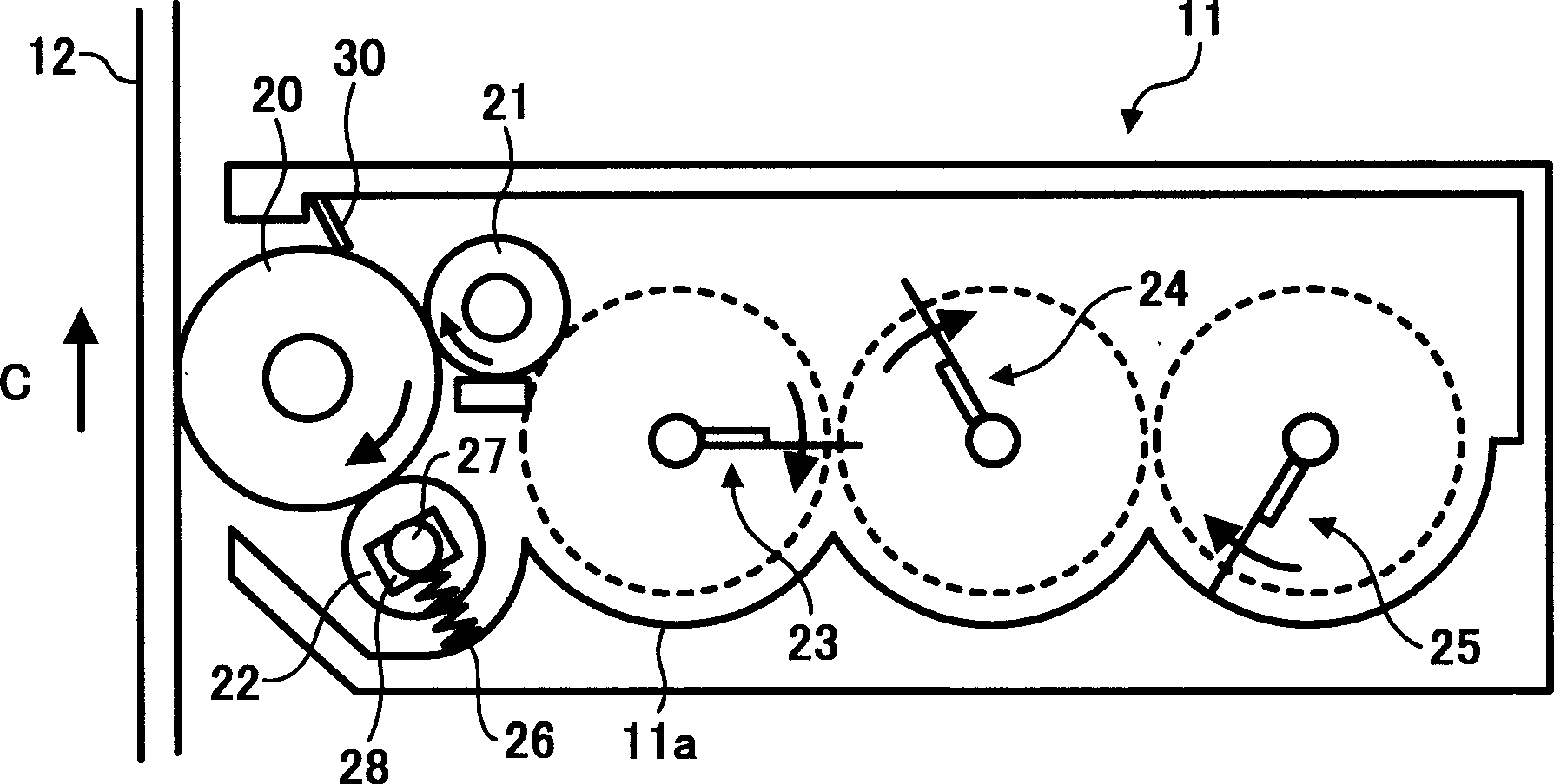 Developing starting method, developing device and processing card box