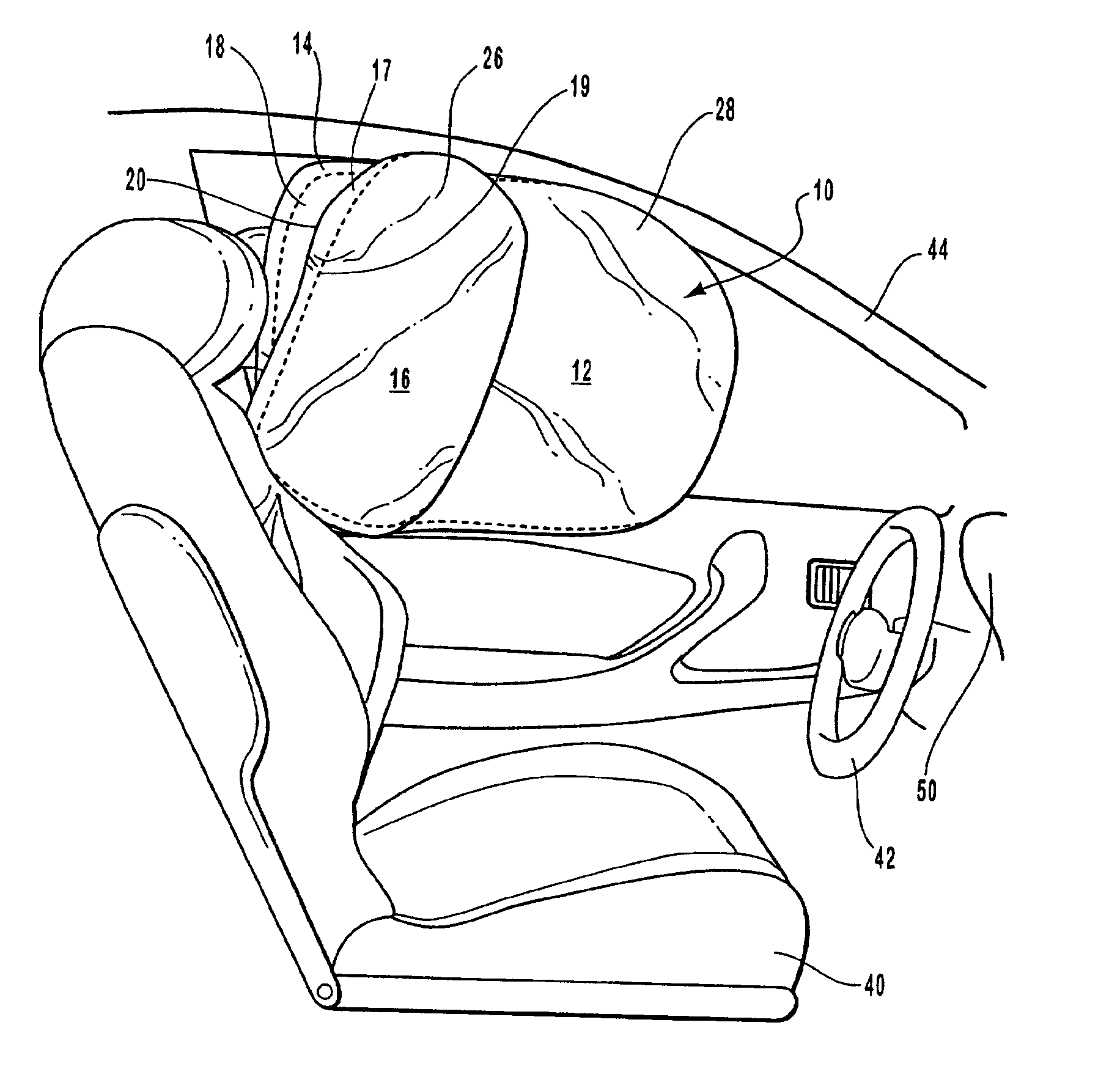Side-impact, variable thickness vehicular airbag