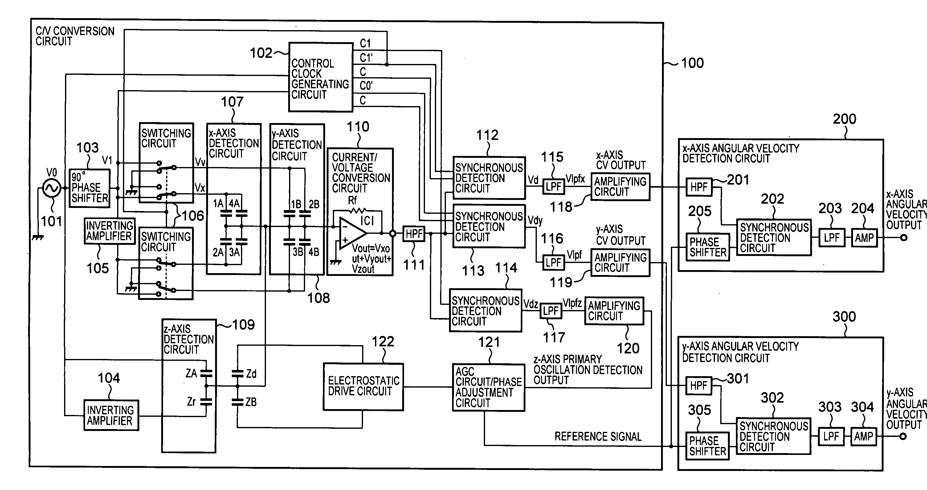 Angular velocity sensor having one amplifying circuit for amplifying plural detection signals