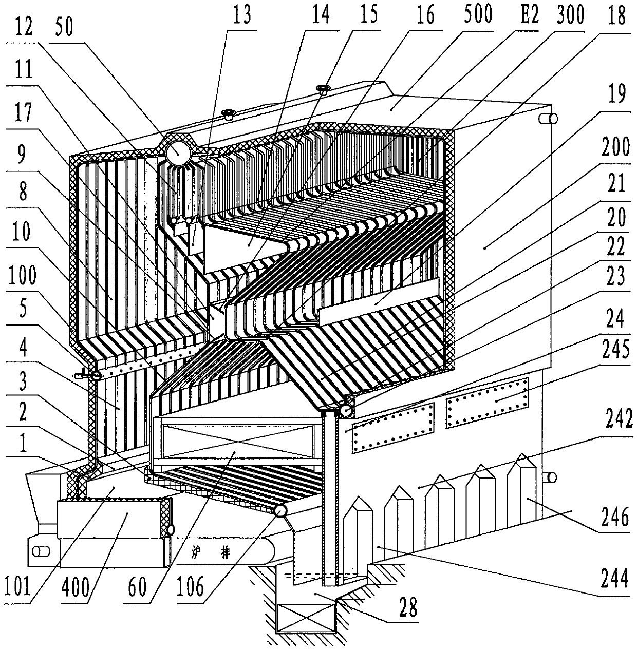 High-temperature denitration, fly ash re-ignition and in-furnace dust removal boiler