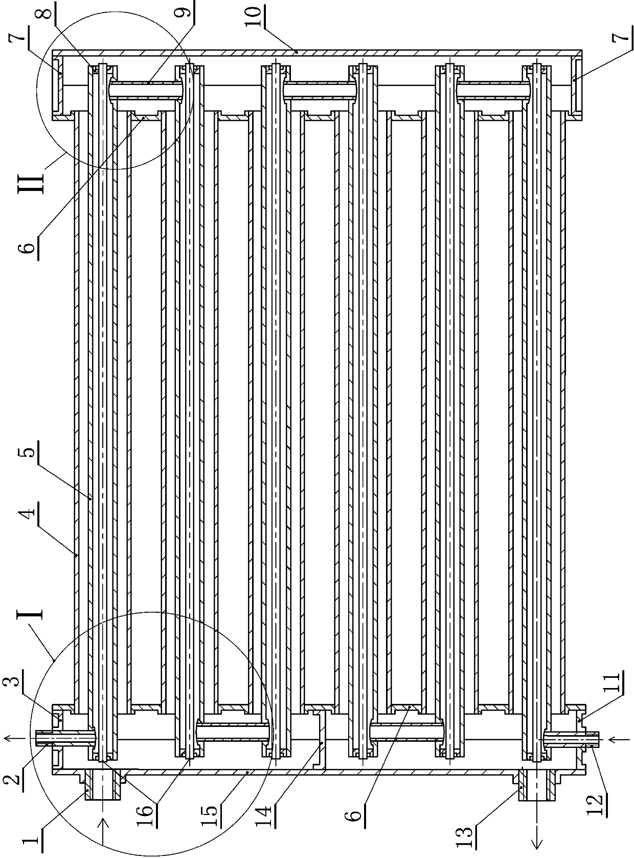 Header and heating pipe dual-channel heat-transferring heat exchanger and process for manufacturing same