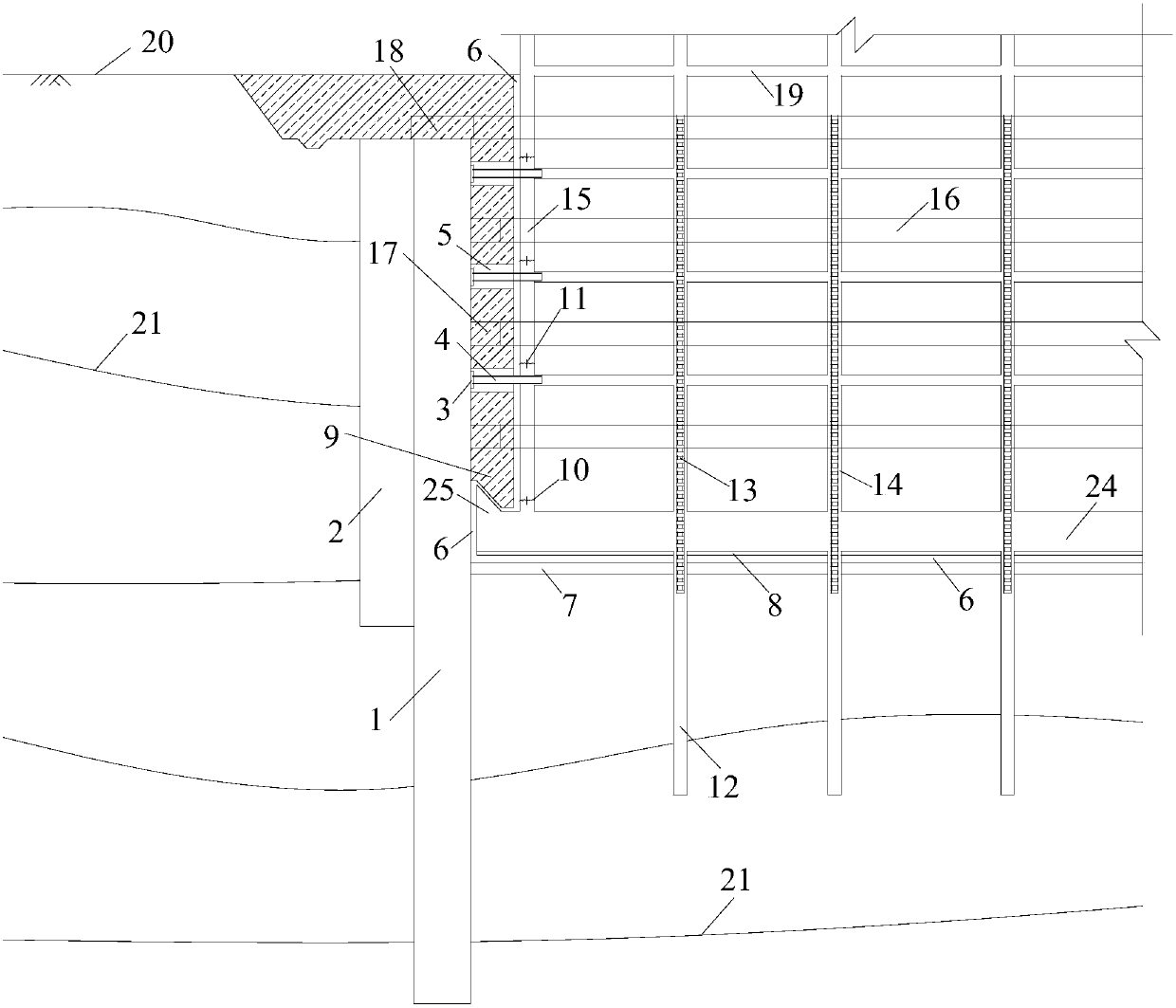 Ultra-deep foundation pit support non-intermittent composite transfer structure and construction method